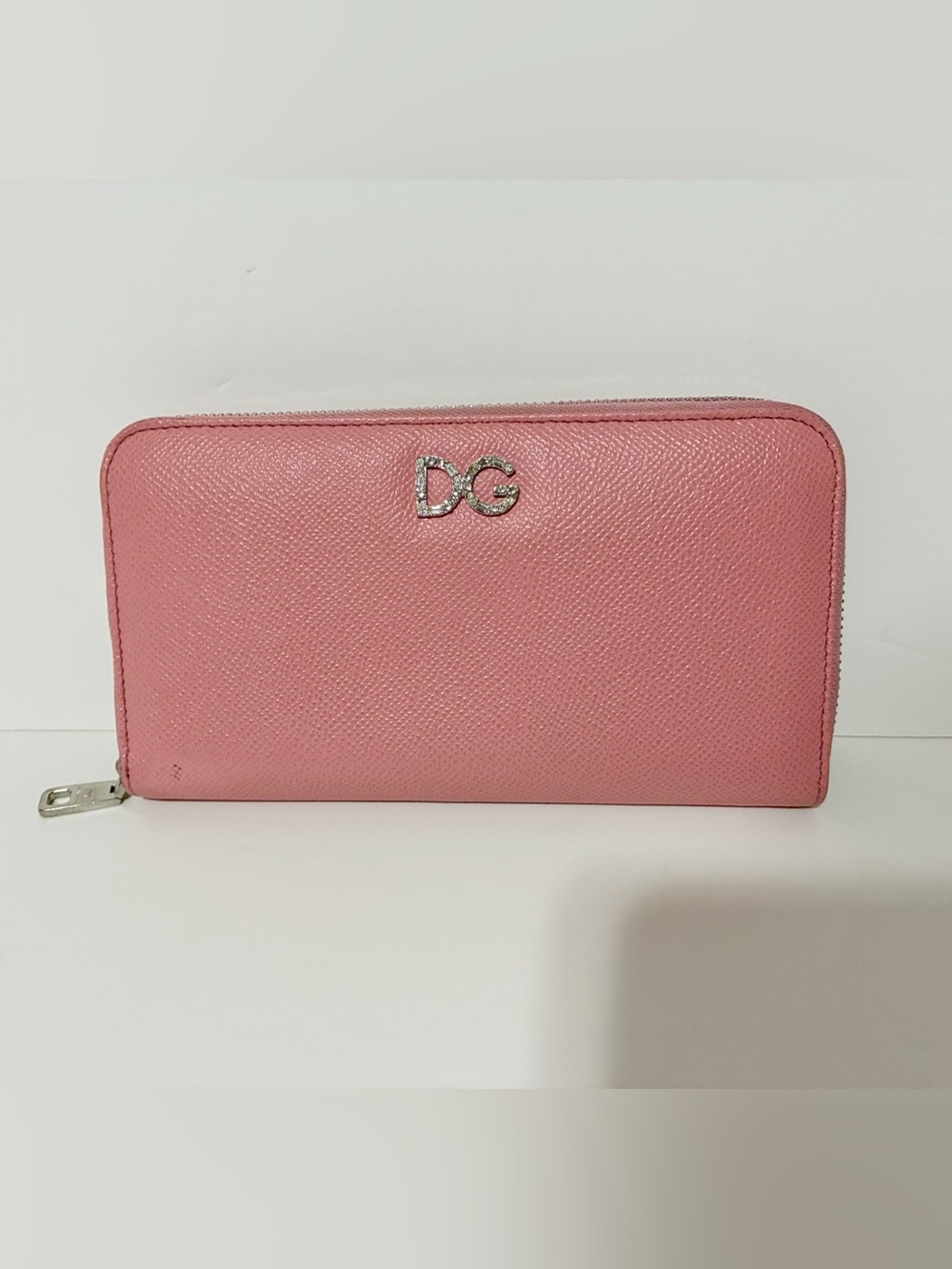 Authentic Dolce & Gabbana Pink Saffiano Zip Long Wallet with Crystal DG Logo